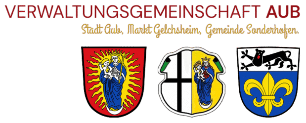 Schriftzug Verwaltungsgemeinschaft Aub mit den drei Wappen der Mitgliedsgemeinden